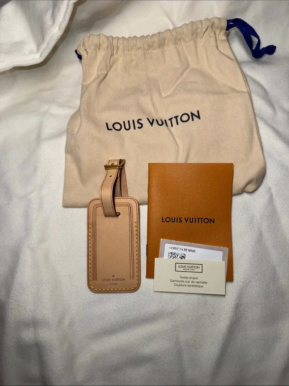 Louis Vuitton Beige Leather Luggage Tag with Yellow Stitching